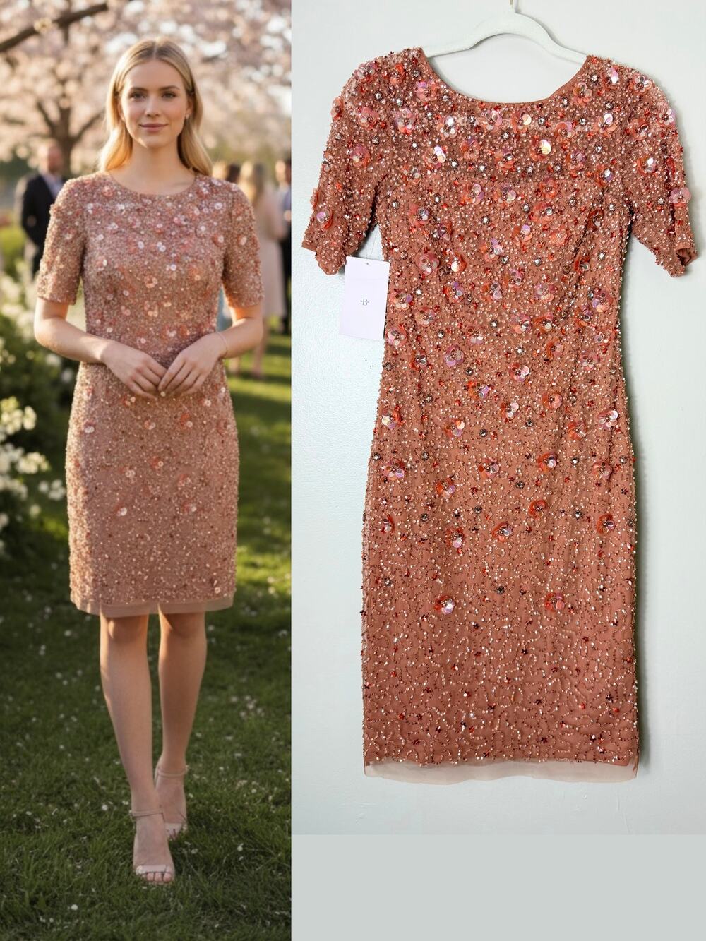 Adrianna Papell Dress Orange 3D Floral Sequin Beaded Wedding Guest Cocktail